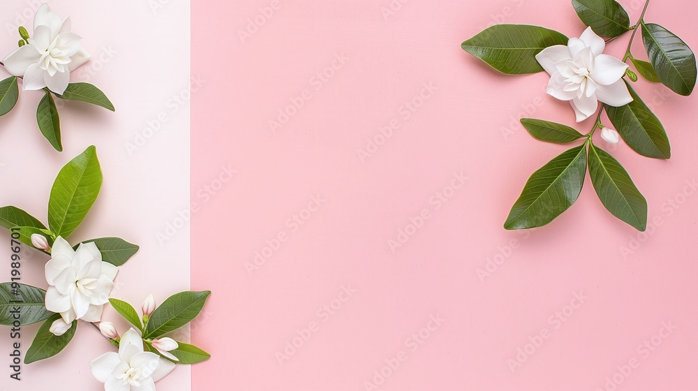 Gardenia flowers and green leaves on pastel pink background with ample copy space. Flat lay floral composition, perfect for designing greeting cards, invitations, banners, posters, and wedding-themed Gardenia flowers and green leaves on pastel pink background with ample copy space. Flat lay floral composition, perfect for designing greeting cards, invitations, banners, posters, and wedding-themed