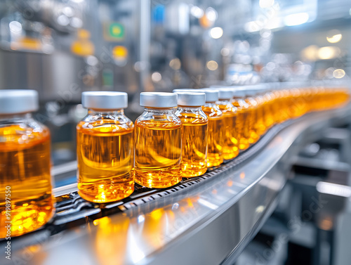 Bottles of golden liquid moving along a conveyor belt in a pharmaceutical manufacturing facility