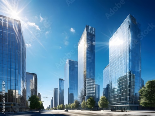 Modern high-rise buildings under a clear blue sky