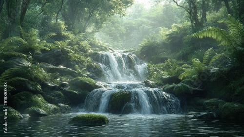 Serene Waterfall in Lush Rainforest