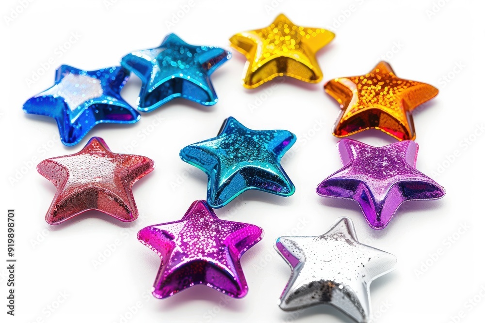 Obraz premium Star Stickers. Shiny Silver Star Shape Stickers in Various Colours on White Background