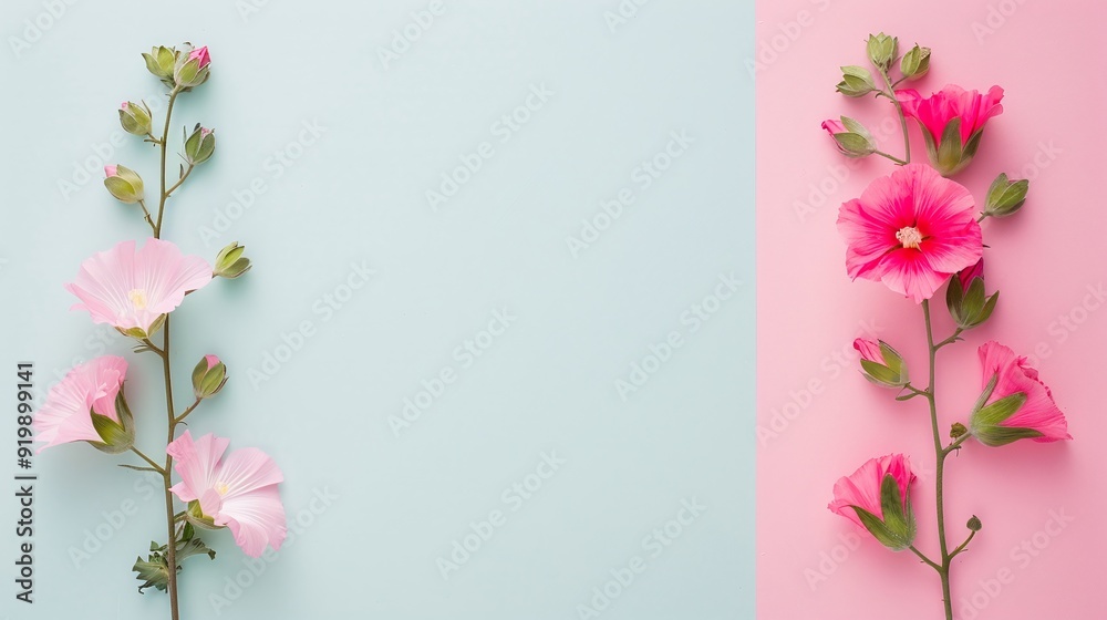 Fototapeta premium Pink and white hollyhock flowers on pastel blue and pink background with ample copy space. Flat lay floral composition, ideal for designing greeting cards, invitations, banners, posters, and spring-th