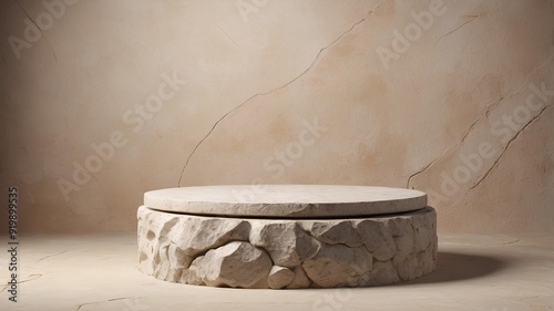 A stone-textured podium on a neutral, earthy background, ideal for showcasing natural or eco-friendly products in a rustic setting. photo