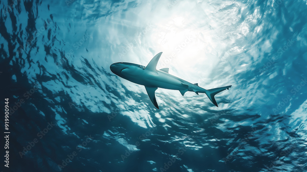 Fototapeta premium Shark swimming in ocean depths, powerful creature, marine life, undersea world, aquatic wildlife with sunlight reflection in oceanic beauty, predator presence