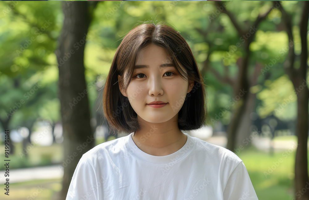 Portrait of young teenager Asian girl with white shirt on a blurred forest background. Korean Japanese youth. Portrait of young teenager Asian girl with white shirt on a blurred forest background. Korean Japanese youth.