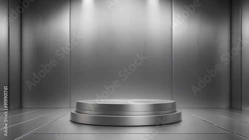 A metallic podium with a brushed finish, placed in front of a minimalist, industrial-style background, perfect for tech or gadget displays.