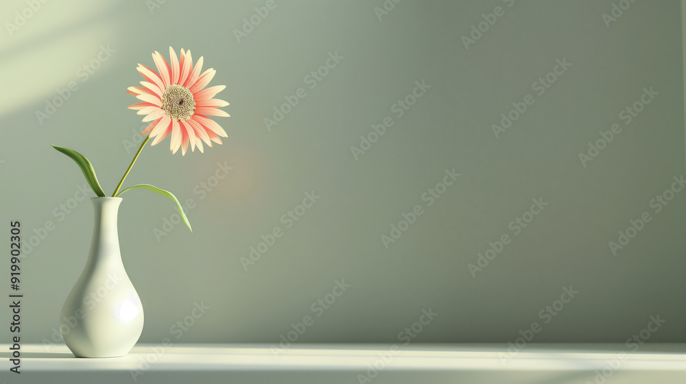 Single pink flower in white vase on plain background, minimalist decor concept Single pink flower in white vase on plain background, minimalist decor concept