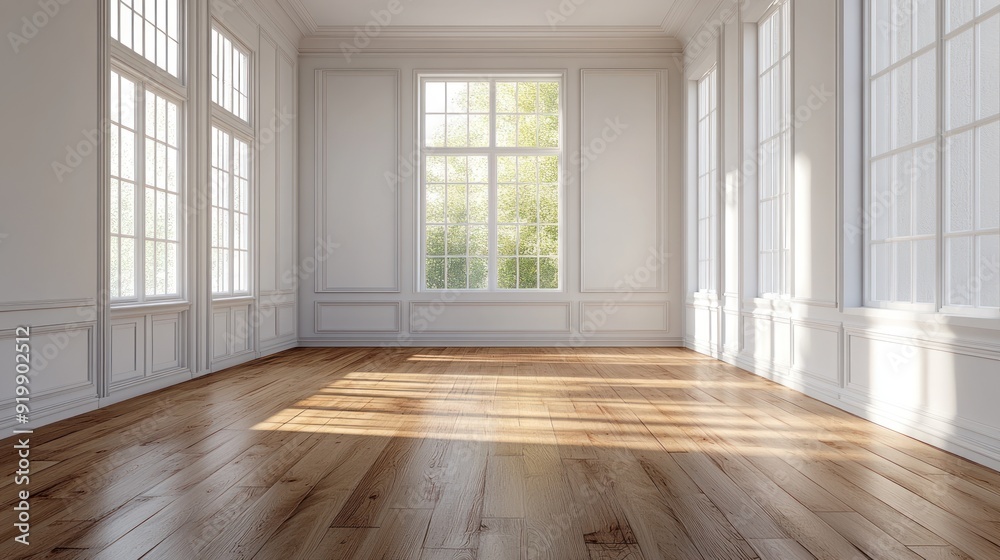 Empty Room with Large Windows and Wooden Floors Empty Room with Large Windows and Wooden Floors
