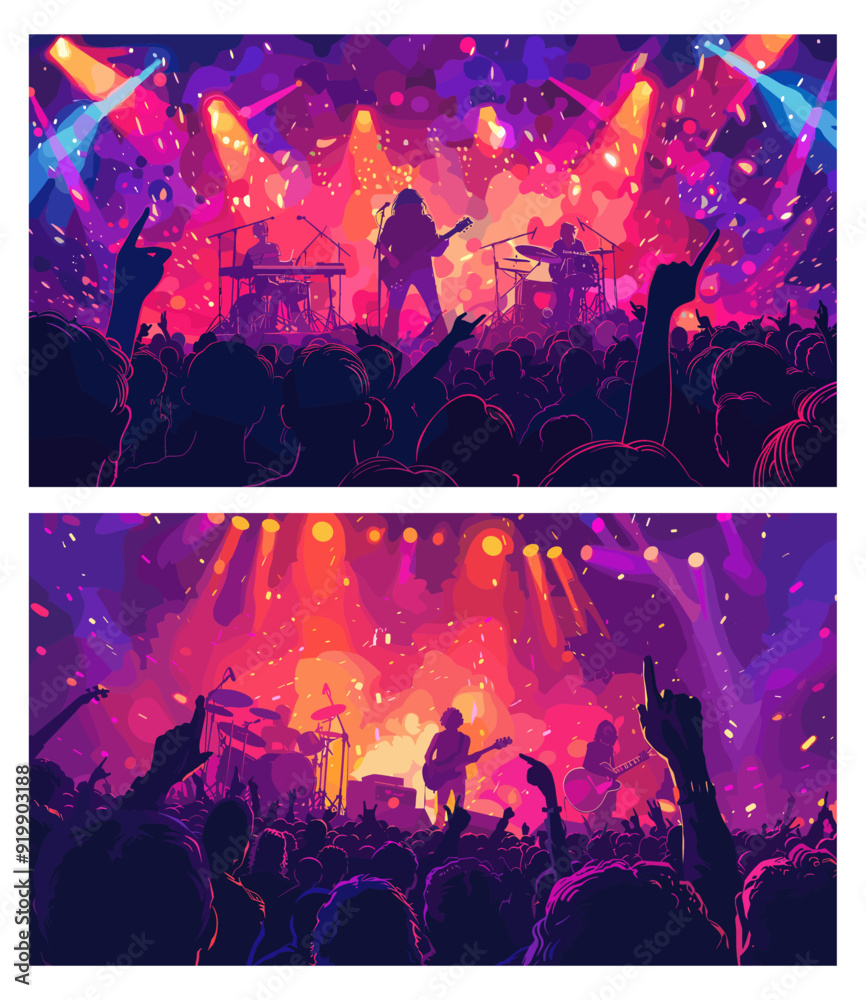 Musical concert. Performance musicians on stage, rock music group people fan crowd audience night festival band neon background vector illustration
