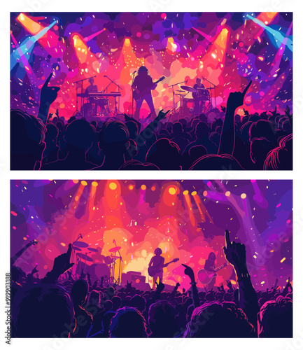 Musical concert. Performance musicians on stage, rock music group people fan crowd audience night festival band neon background vector illustration