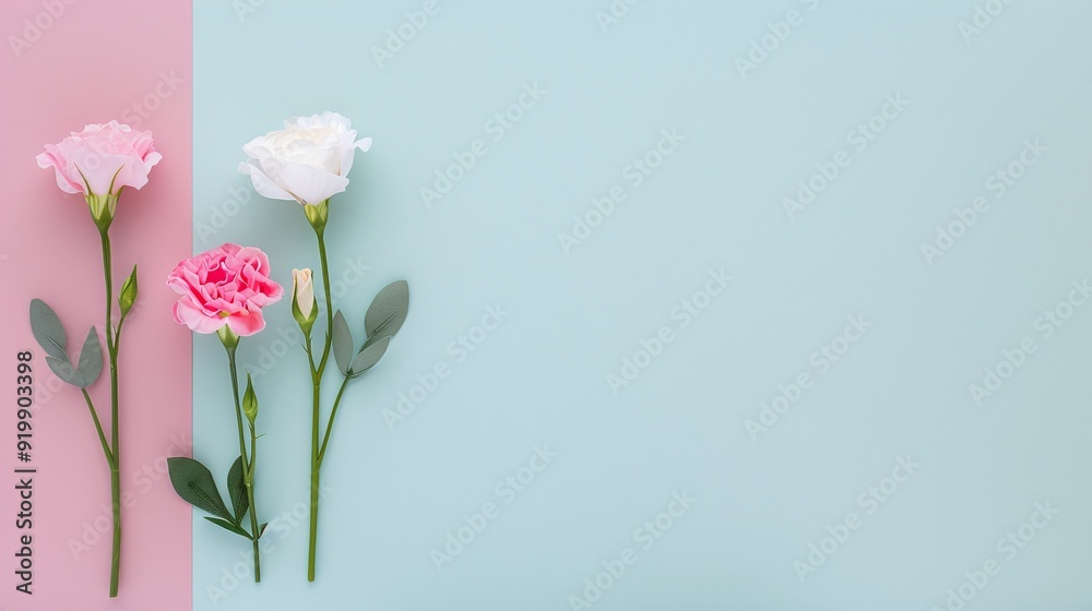 Mixed carnations on pastel pink and blue background with ample copy space. Flat lay floral composition, ideal for creating greeting cards, invitations, banners, posters, and wedding-themed marketing m Mixed carnations on pastel pink and blue background with ample copy space. Flat lay floral composition, ideal for creating greeting cards, invitations, banners, posters, and wedding-themed marketing m