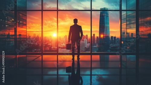 Businessman Looking at Cityscape at Sunset