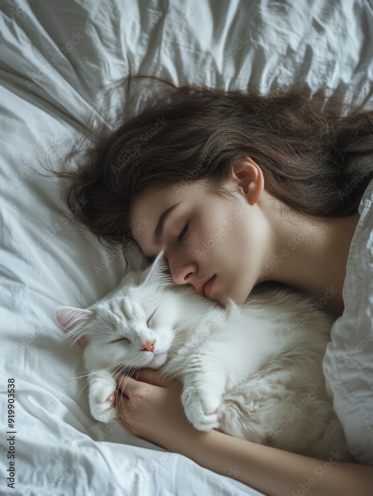 Woman and white cat in bed Woman and white cat in bed