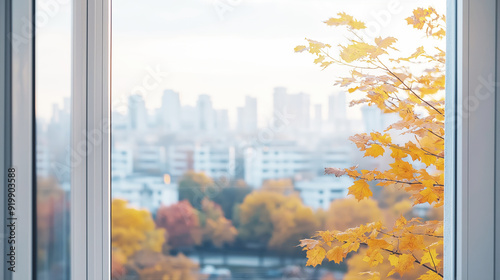 Cityscape view from window with autumn leaves, urban skyline, morning fog, yellow foliage, serene atmosphere, autumn vibes concept