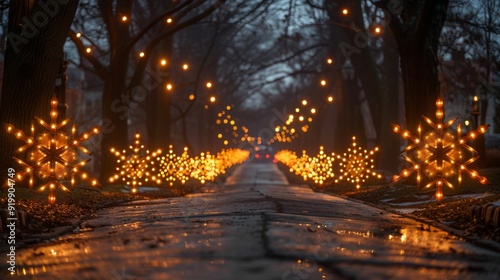 Add a touch of whimsy to your modern exterior with oversized illuminated snowflakes and starbursts, creating a magical winter wonderland