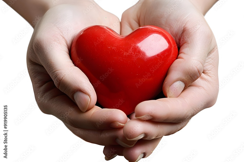 Fototapeta premium manos sosteniendo un corazon de color rojo de plastico brillante
