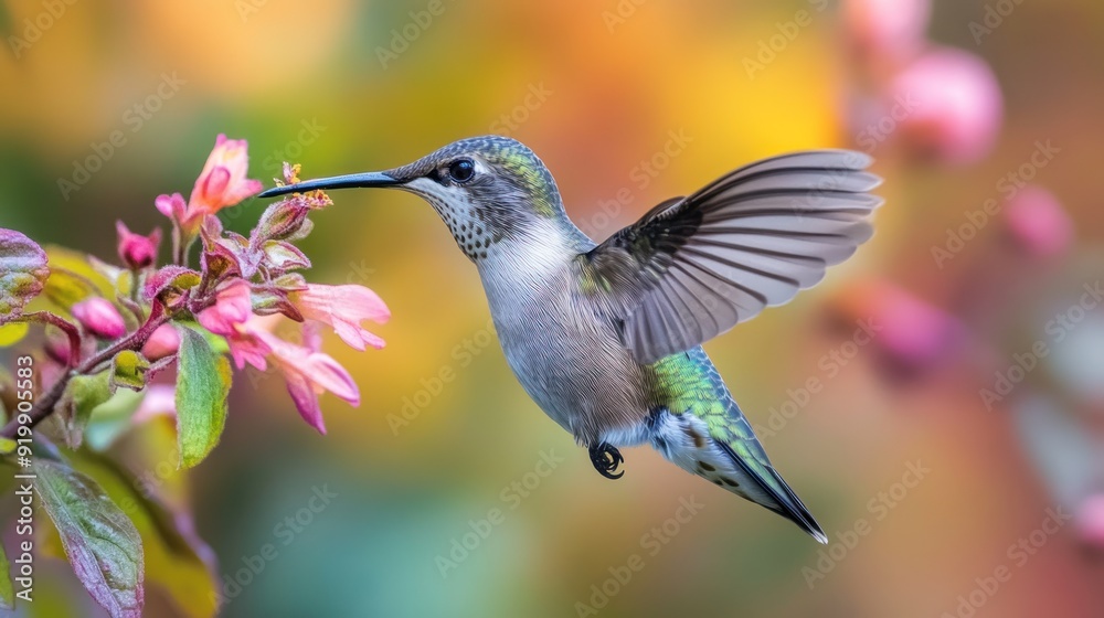 Fototapeta premium Hummingbird in Flight, Feeding on Flowers