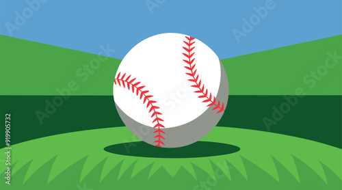 Baseball ball green grass field with blue sky green hills on background, sport game