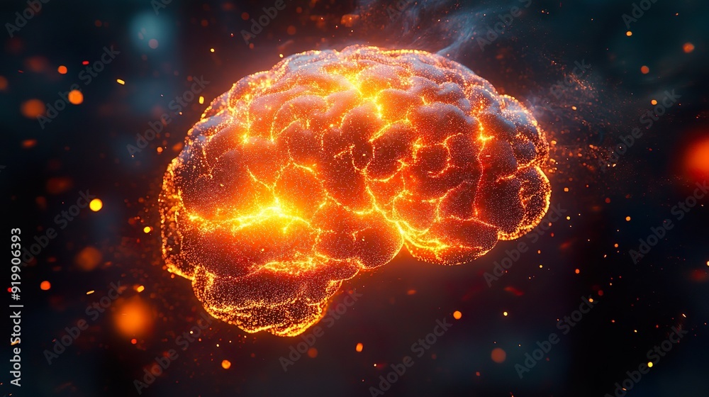 Glowing intricate representation human brain with orange sparks picture