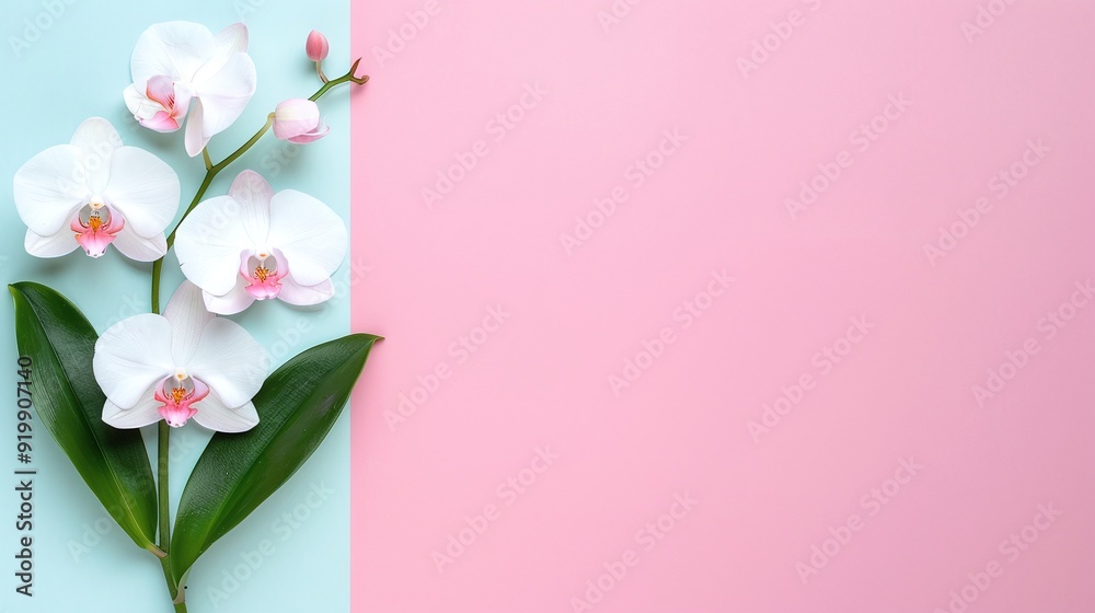 Naklejka premium White orchid flowers with green leaves on pastel pink and blue background with copy space. Flat lay floral composition, perfect for designing greeting cards, invitations, banners, and wedding marketin