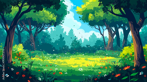 Picturesque forest glade. Nature landscape with tree foliage and grass meadow summer green environment game background vector illustration