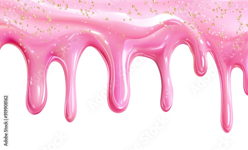  Dripping glossy pink slime with glitter isolated on white background. Glossy pink caramel icing. Jelly or caramel icing for cake or donut.