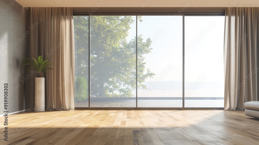 Obraz premium Empty modern living room with large window and closed curtains