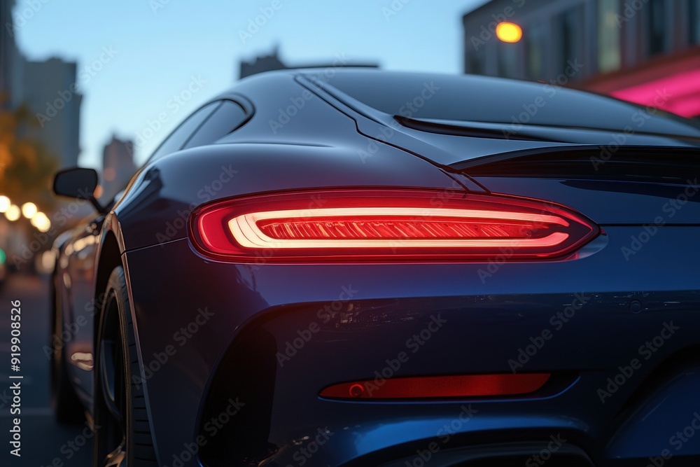 The sleek tail light glows brilliantly, reflecting the warm hues of the city, highlighting luxury and modern design. The sleek tail light glows brilliantly, reflecting the warm hues of the city, highlighting luxury and modern design.