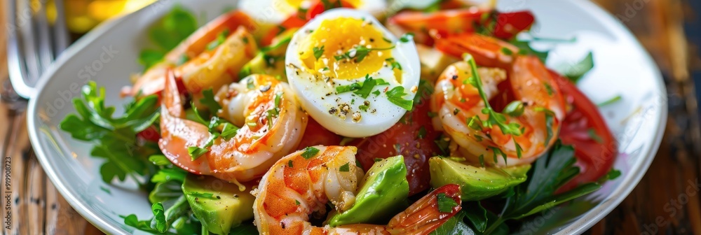 Avocado and shrimp salad garnished with tomatoes and quail eggs Avocado and shrimp salad garnished with tomatoes and quail eggs