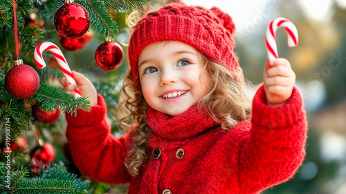 little girl red attirere winter hangs ornaments and decorations on the christmas tree on the eve of christmas