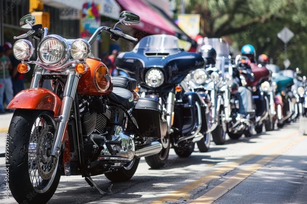 A group of motorcyclists pauses at a traffic light, surrounded by colorful storefronts and the excitement of the city. A group of motorcyclists pauses at a traffic light, surrounded by colorful storefronts and the excitement of the city.