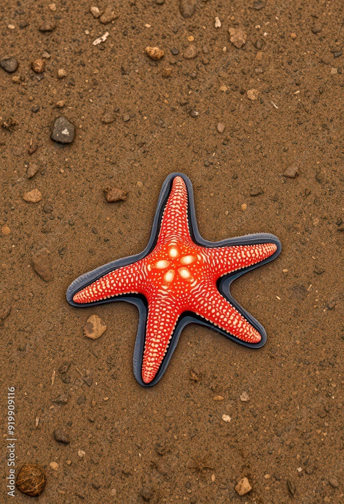 Red Starfish on Sandy Beach.