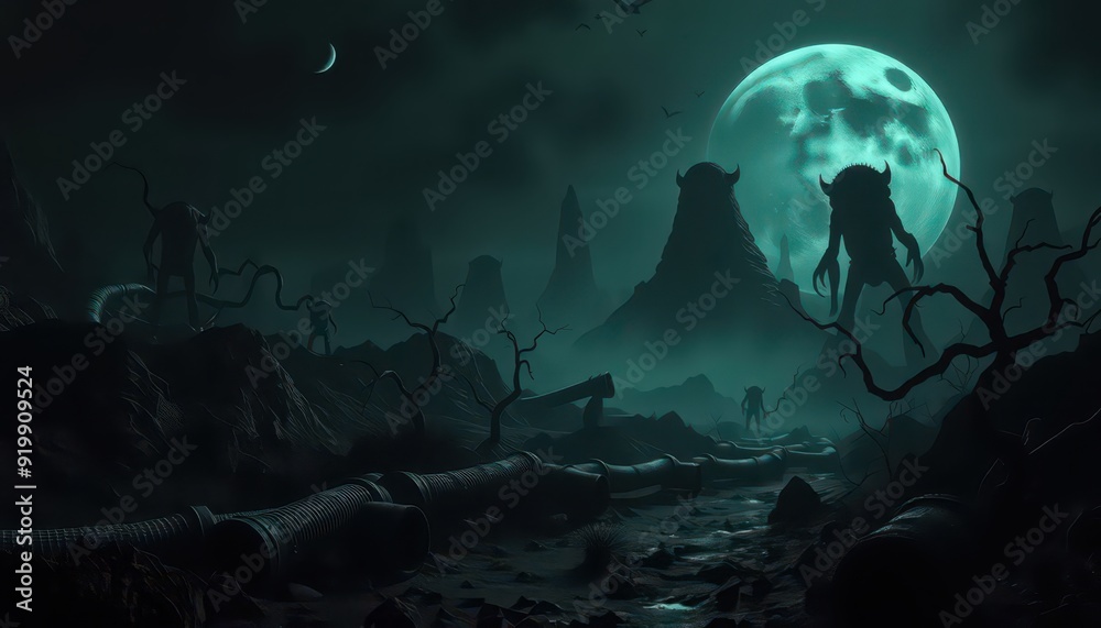 Silhouettes of Monsters Under a Full Moon.