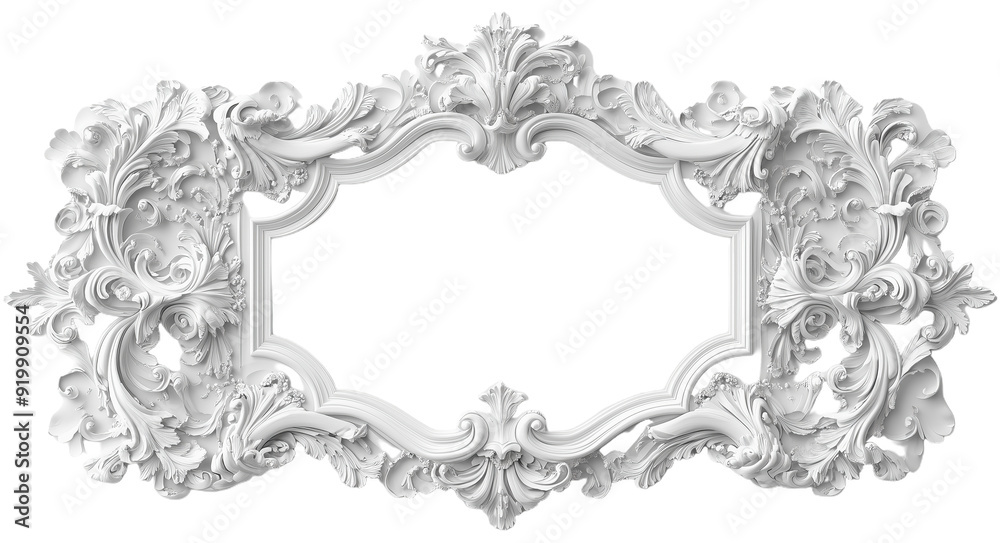 Obraz premium Ornate white rectangular frame with intricate rococo floral scrollwork carvings