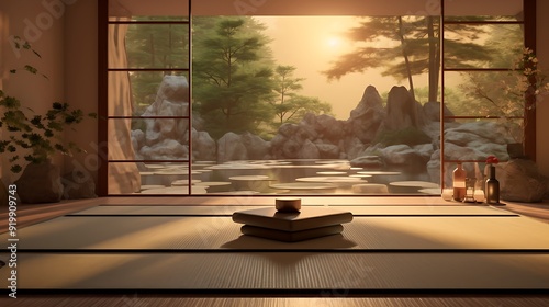 A zen garden with a carefully placed yoga mat, creating a harmonious space for meditation and gentle yoga practice.