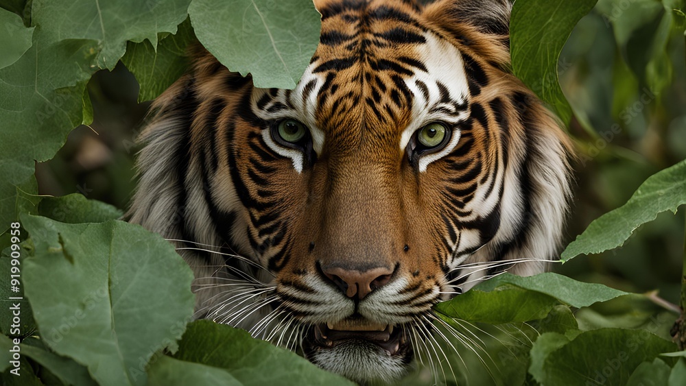 Fototapeta premium Close-up of a tiger’s face peeking through the leaves