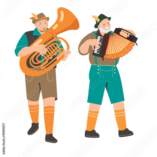 Male musicians with tuba and accordion.Men in traditional Bavarian clothing, shorts, hat and golf socks.Funny characters play musical instruments.Vector flat cartoon illustration on white background.