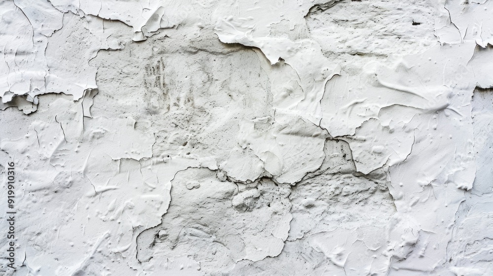 Fototapeta premium Close-up of a worn-out white wall with peeling paint, ideal for use in interior design or architecture projects