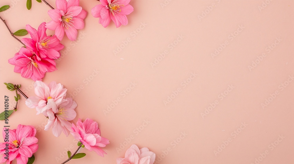 Pink and white camellia flowers arranged on a pastel peach background. Flat lay floral composition with ample copy space, ideal for greeting cards, invitations, banners, posters, and wedding designs. Pink and white camellia flowers arranged on a pastel peach background. Flat lay floral composition with ample copy space, ideal for greeting cards, invitations, banners, posters, and wedding designs.