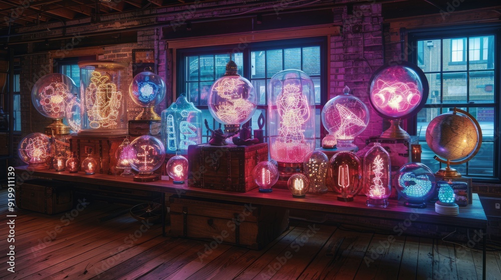 Craft a neon display of discovery symbols, featuring illuminated globes Craft a neon display of discovery symbols, featuring illuminated globes