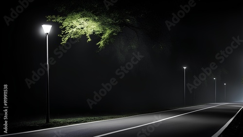 Modern Street Light and Tree Wallpaper: Black Background with Copy Space for Trendy Urban and Minimalist Decor photo