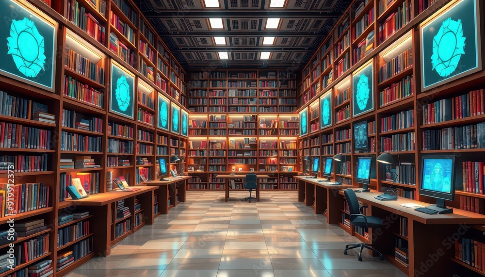 Modern Library Interior with Computer Workstations. Modern Library Interior with Computer Workstations.