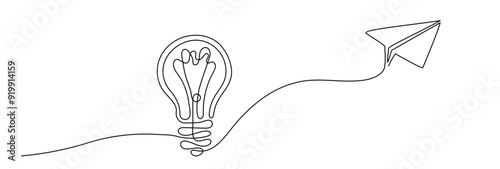 Idea with bulb and paper plane vector continuous one line drawing illustration. Editable stroke