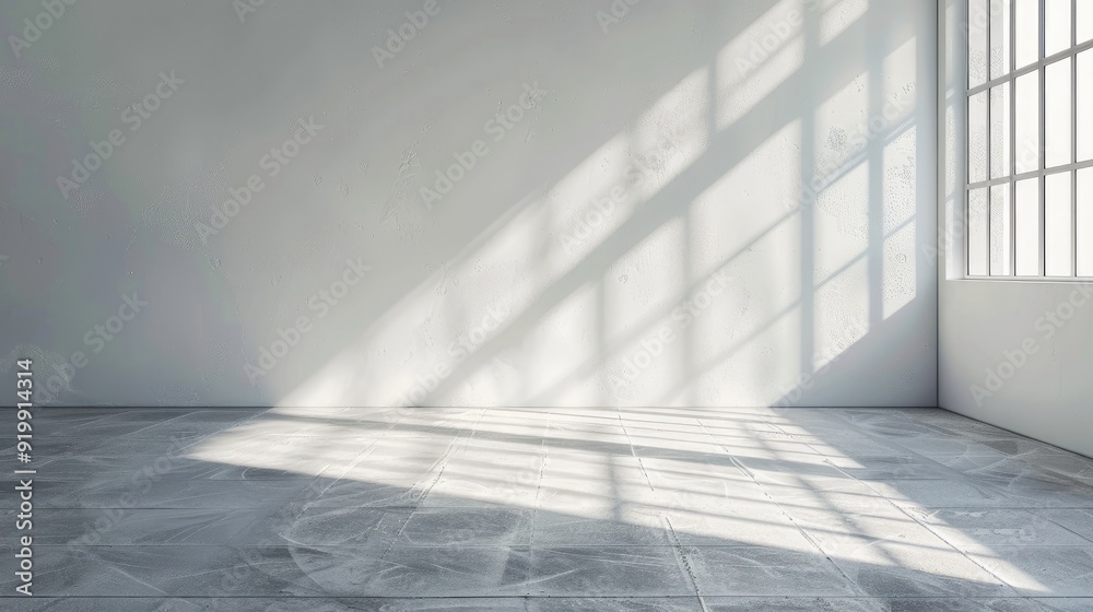 Grey shadows and sunlight reflection on white wall with window effect for design purposes