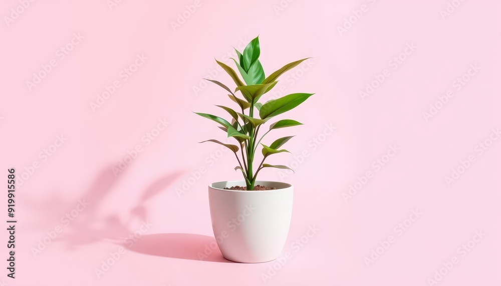 Fototapeta premium Green Plant in White Pot on Pink Background.