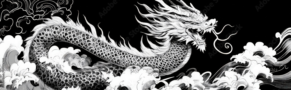 Obraz premium monochrome dragon designs with intricate patterns, set against a plain background to highlight the dragon's mythical power and significance