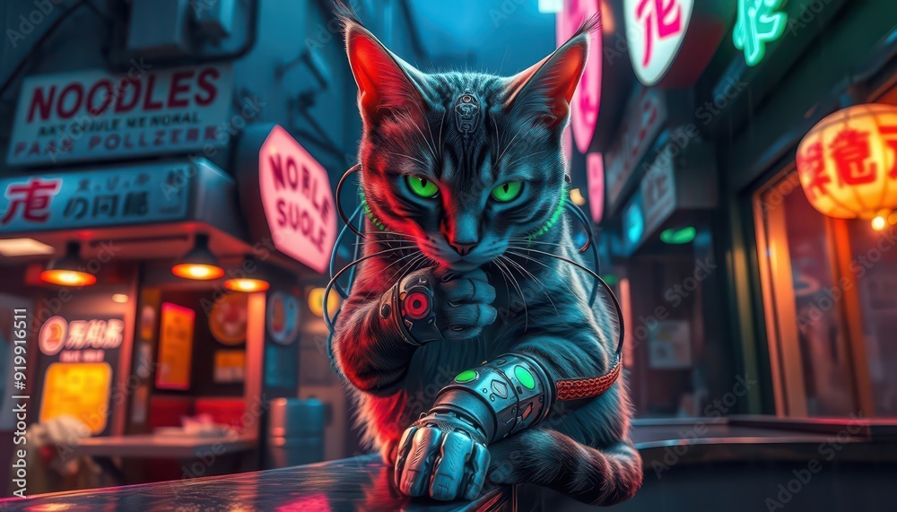 Fototapeta premium Cyberpunk Cat in Neon City.