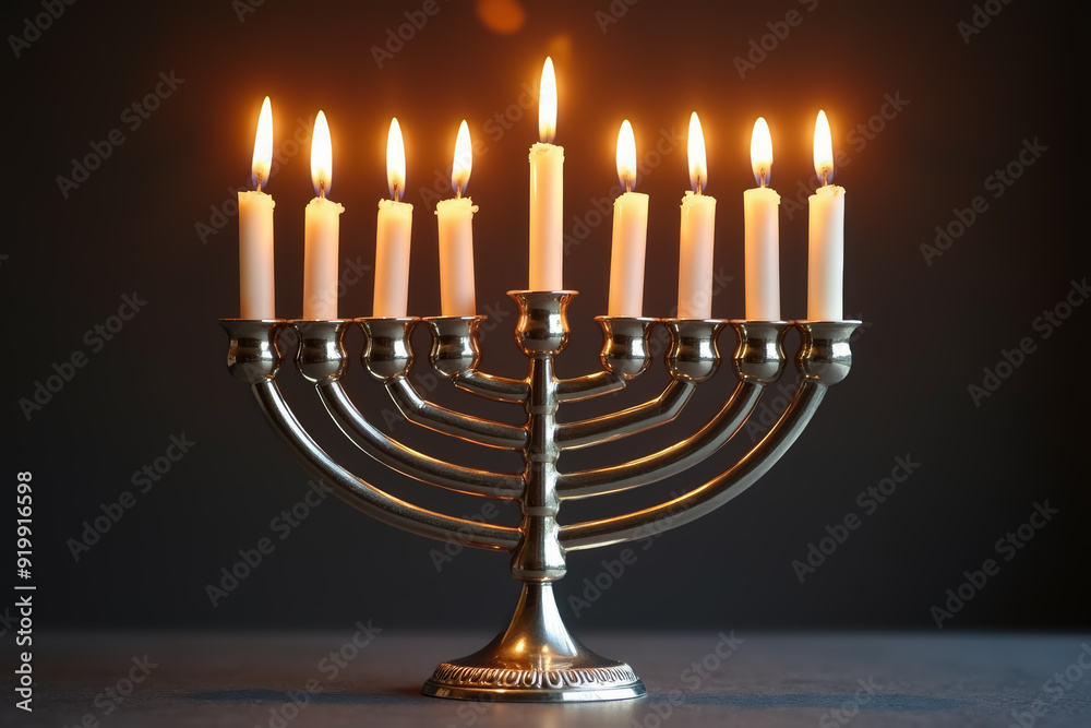 A menorah with nine lit candles, Hanukkah attribute. A menorah with nine lit candles, Hanukkah attribute.