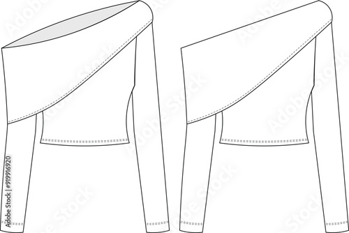 off the shoulder asymmetric boat neck long sleeve cropped crop blouse top sweater knitwear boat neck template technical drawing flat sketch cad mockup fashion woman design style model
