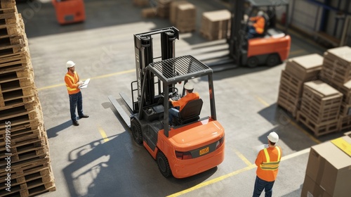 Generate a photo realistic image of workers undergoing training on safe forklift operation, with forklift safety procedures, operation demonstrations, and safety trainers visible